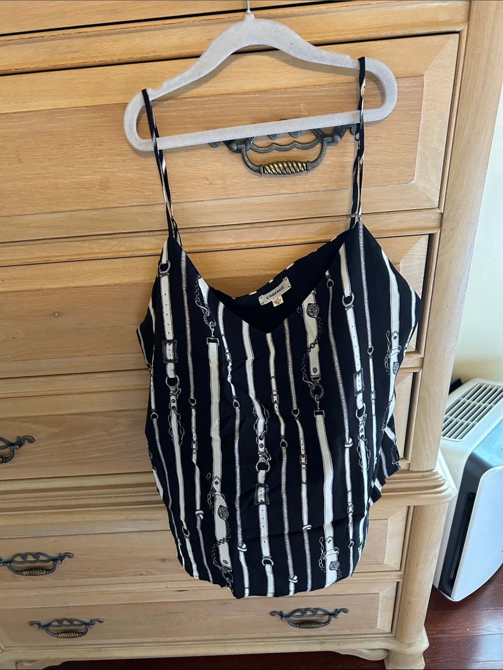 L'AGENCE Black and White Striped Chain-Motif Silk Cami